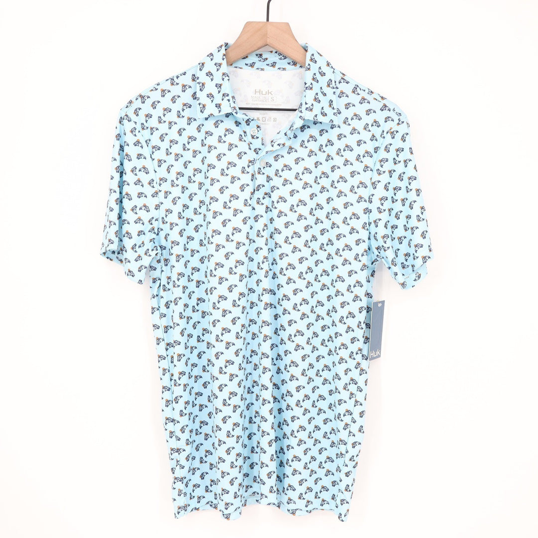 Huk Mens Polka Fish Pursuit Polo Shirt Blue UPF 50+ Fishing Short Sleeve S