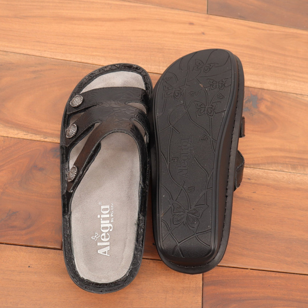 Alegria Venice Black Embossed Rose Leather Slide Sandals VEN-871 Size 38