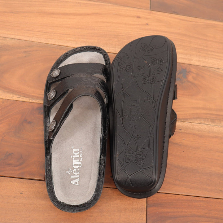Alegria Venice Black Embossed Rose Leather Slide Sandals VEN-871 Size 38