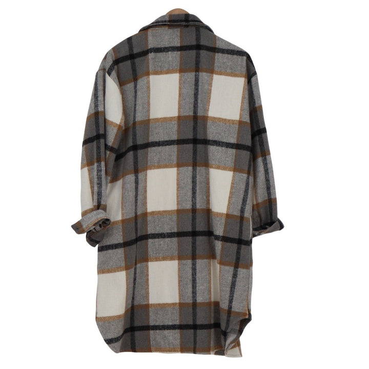 Plaid Longline Shacket Grey Cream Tan Oversized Button Front L