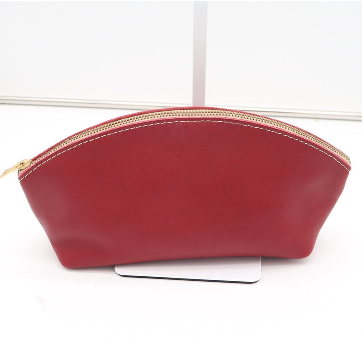 Red Leather Dome Cosmetic Makeup Bag Travel Pouch Gold Zipper Contrast Stitch