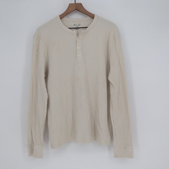 Kian D Mens Cream Waffle Knit Henley Shirt Long Sleeve Cotton Blend Large