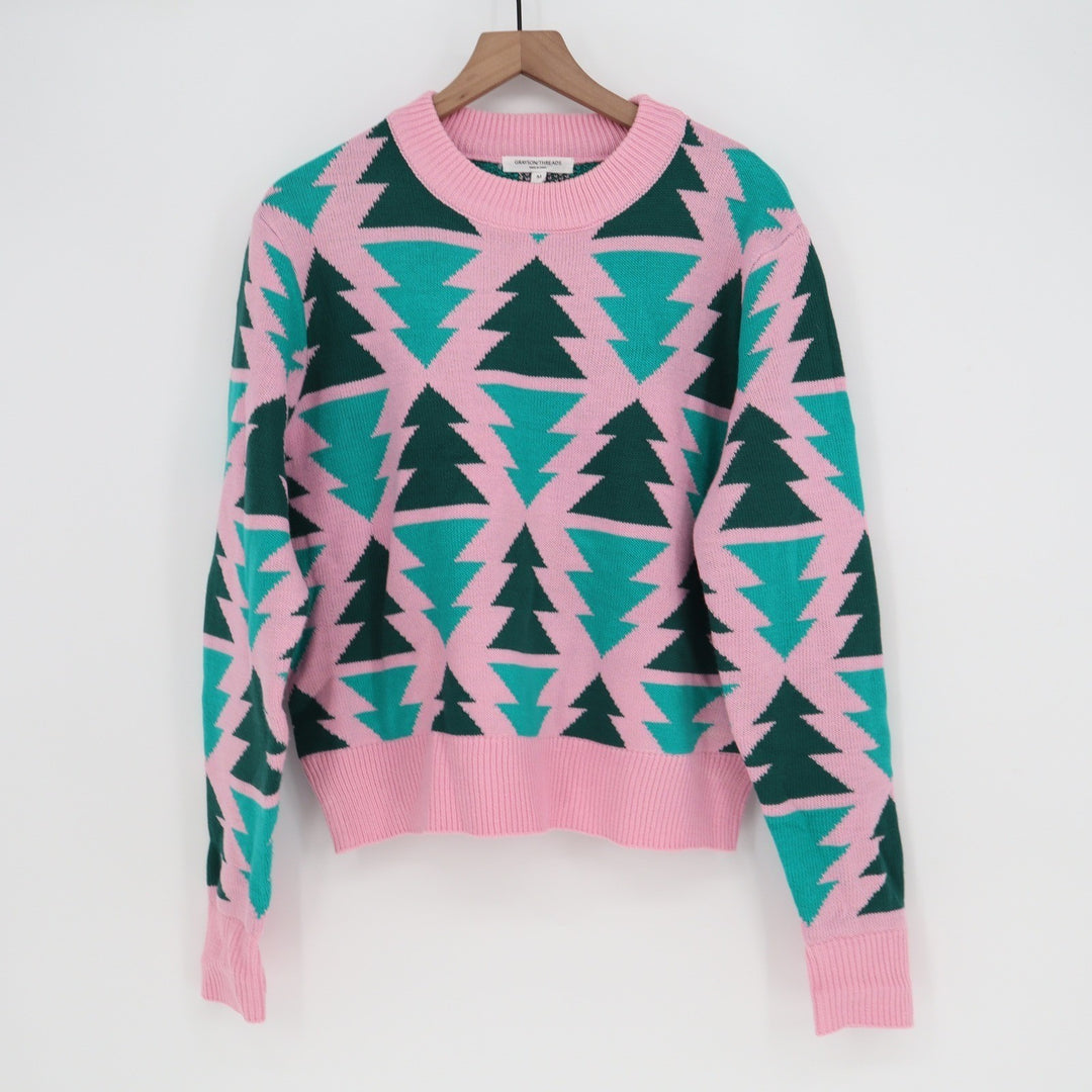 Grayson Threads Pink Teal Green Geometric Tree Knit Sweater Medium Holiday
