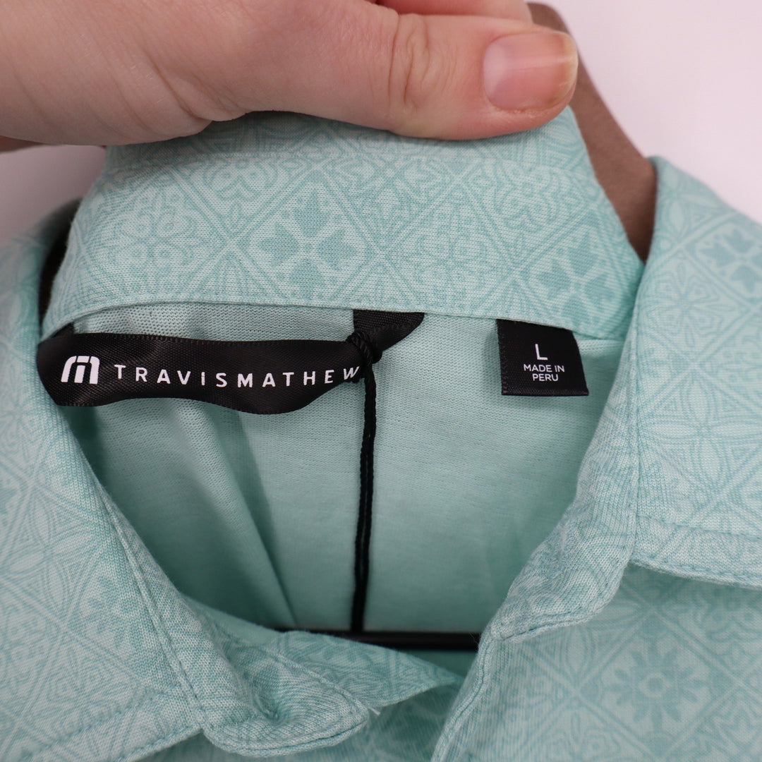 TravisMathew Acropolis Polo Shirt Mens Large Mint Green Geometric Tile