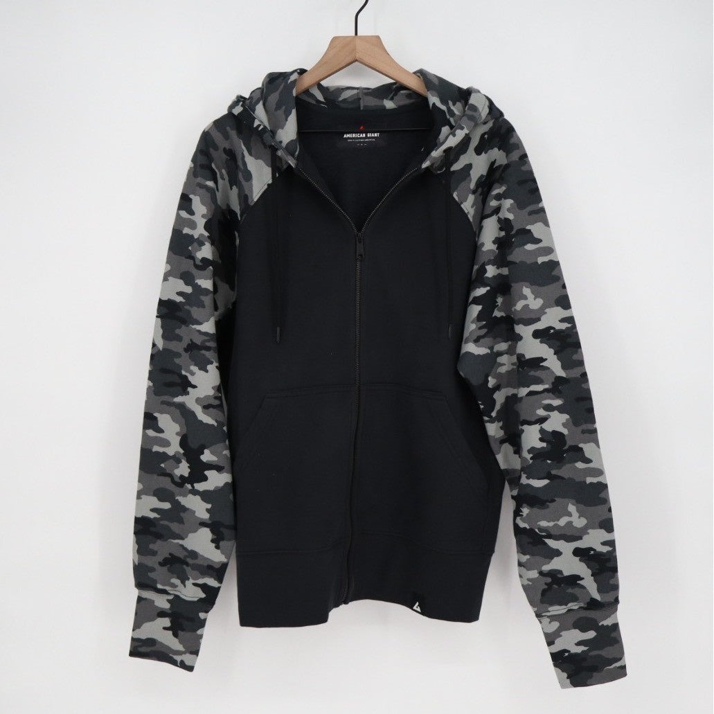 American Giant Raglan Classic Full Zip Hoodie Mens Large Black Gray Camouflage
