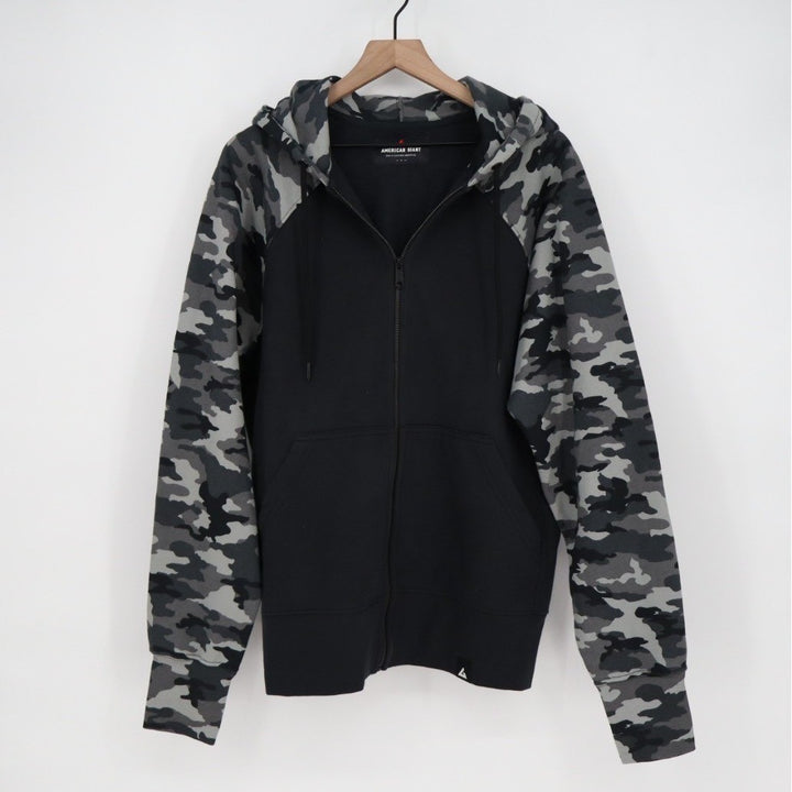American Giant Raglan Classic Full Zip Hoodie Mens Large Black Gray Camouflage