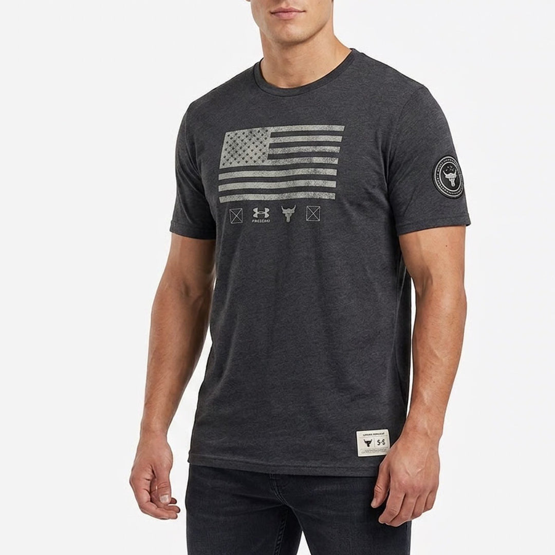 Under Armour Project Rock Freedom USA Flag Tee Charcoal Gray Youth XL