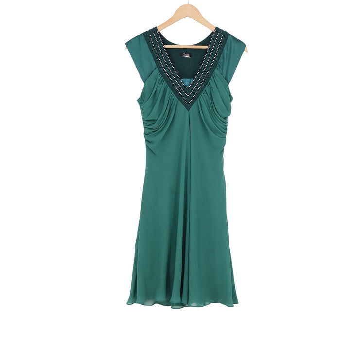 Orbis Emerald Green Beaded V-Neck Cocktail Dress Ruched Sleeveless Chiffon Knee