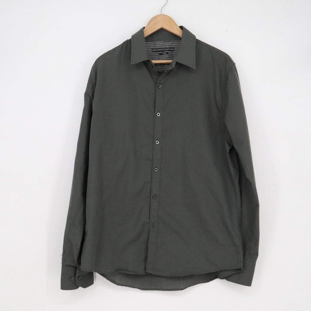 No Retreat Mens Large Olive Green Long Sleeve Button Down Shirt Solid Casual L