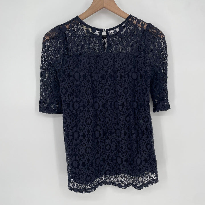 MONTEAU Black Lace 3/4 Sleeve Keyhole Neck Top Size M
