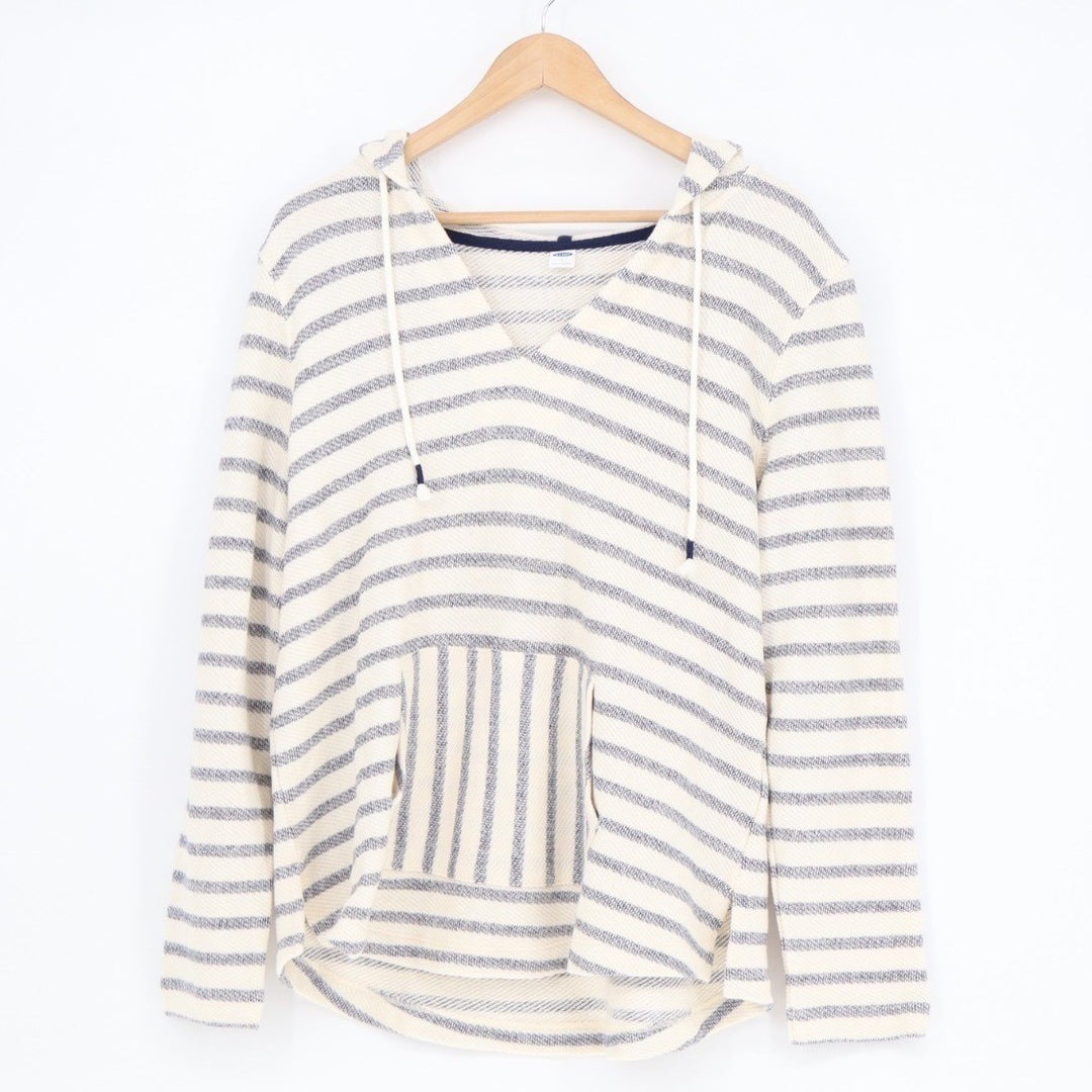 Old Navy Hoodie Womens Large White Blue Striped Cotton Kangaroo Pocket Pullover