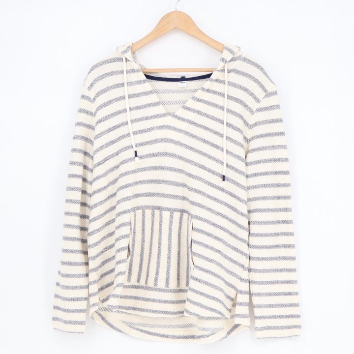 Old Navy Hoodie Womens Large White Blue Striped Cotton Kangaroo Pocket Pullover