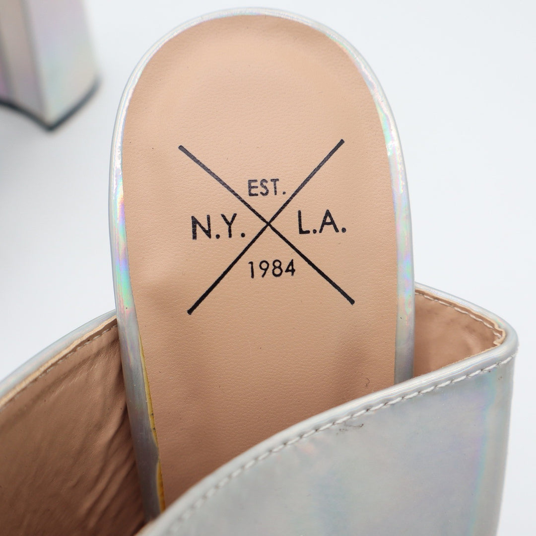 NYLA Silver Holographic Platform Mules Chunky Block Heel Open Toe Size 7