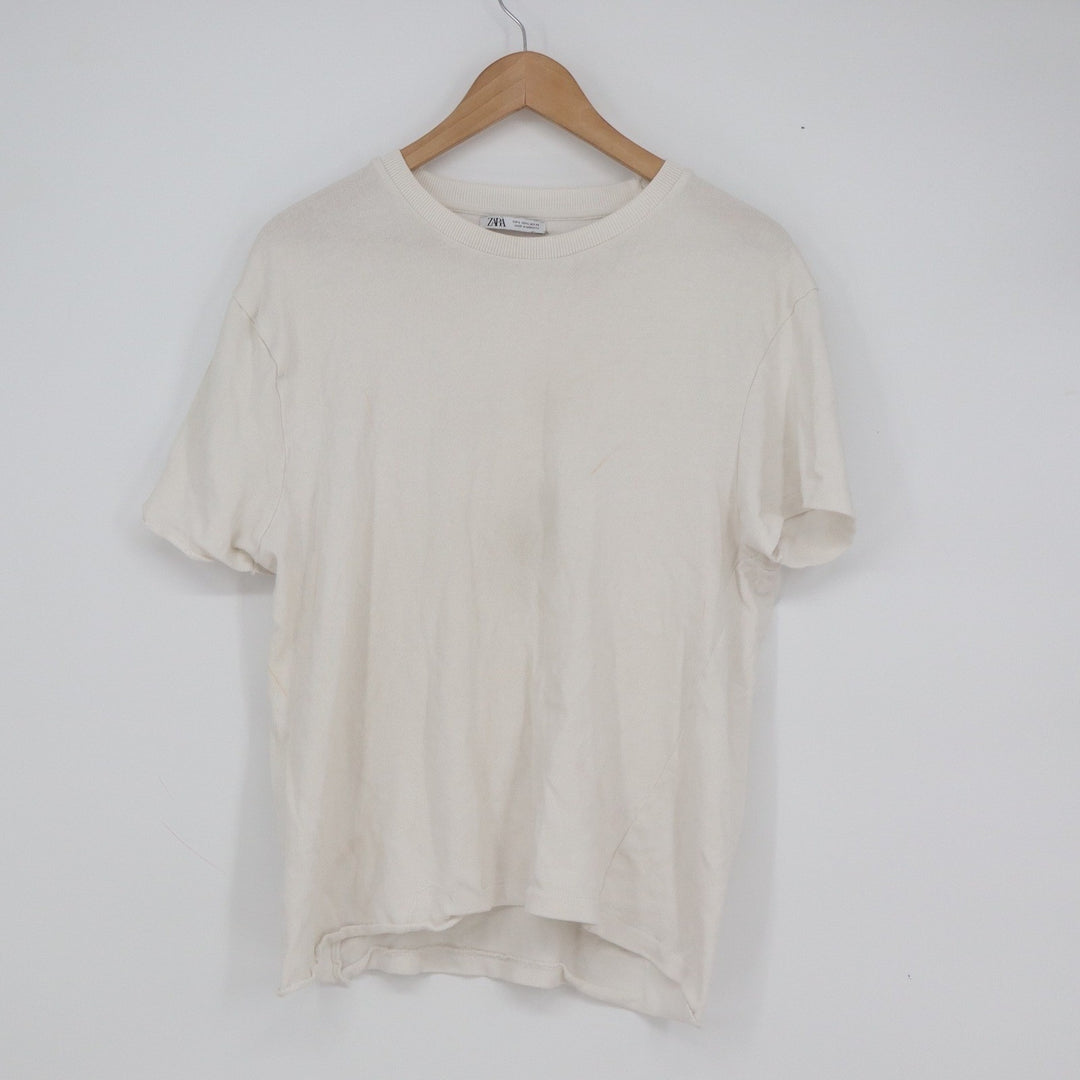 Zara Mens Short Sleeve Crewneck T-Shirt Off White Cream Basic Knit Large