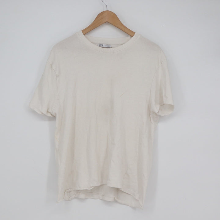 Zara Mens Short Sleeve Crewneck T-Shirt Off White Cream Basic Knit Large