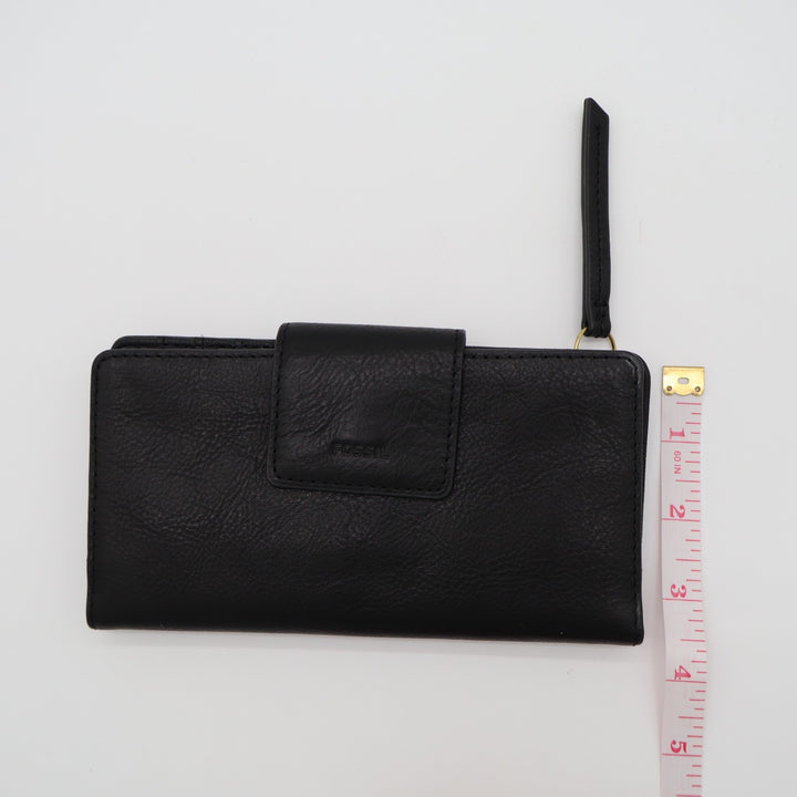 Fossil Logan Rfid Tab Clutch Womens Black Leather Zip Coin Pocket Bifold Wallet