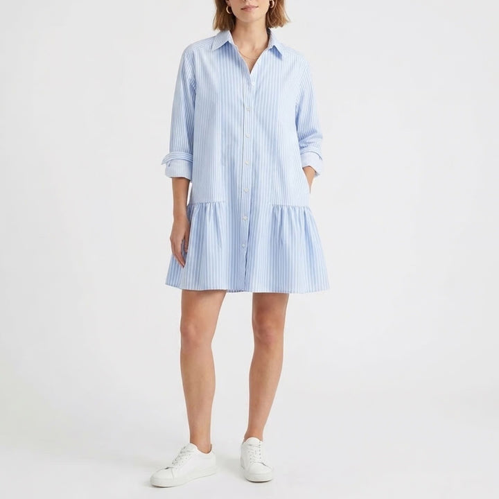 Stile Collection Blue White Striped Peplum Tunic Shirt Cotton Large