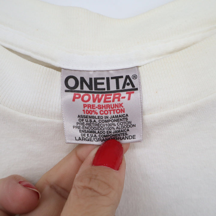 Vintage Oneita Power-T Hula Prints Honolulu Hawaii T-Shirt Large Off-White 90s
