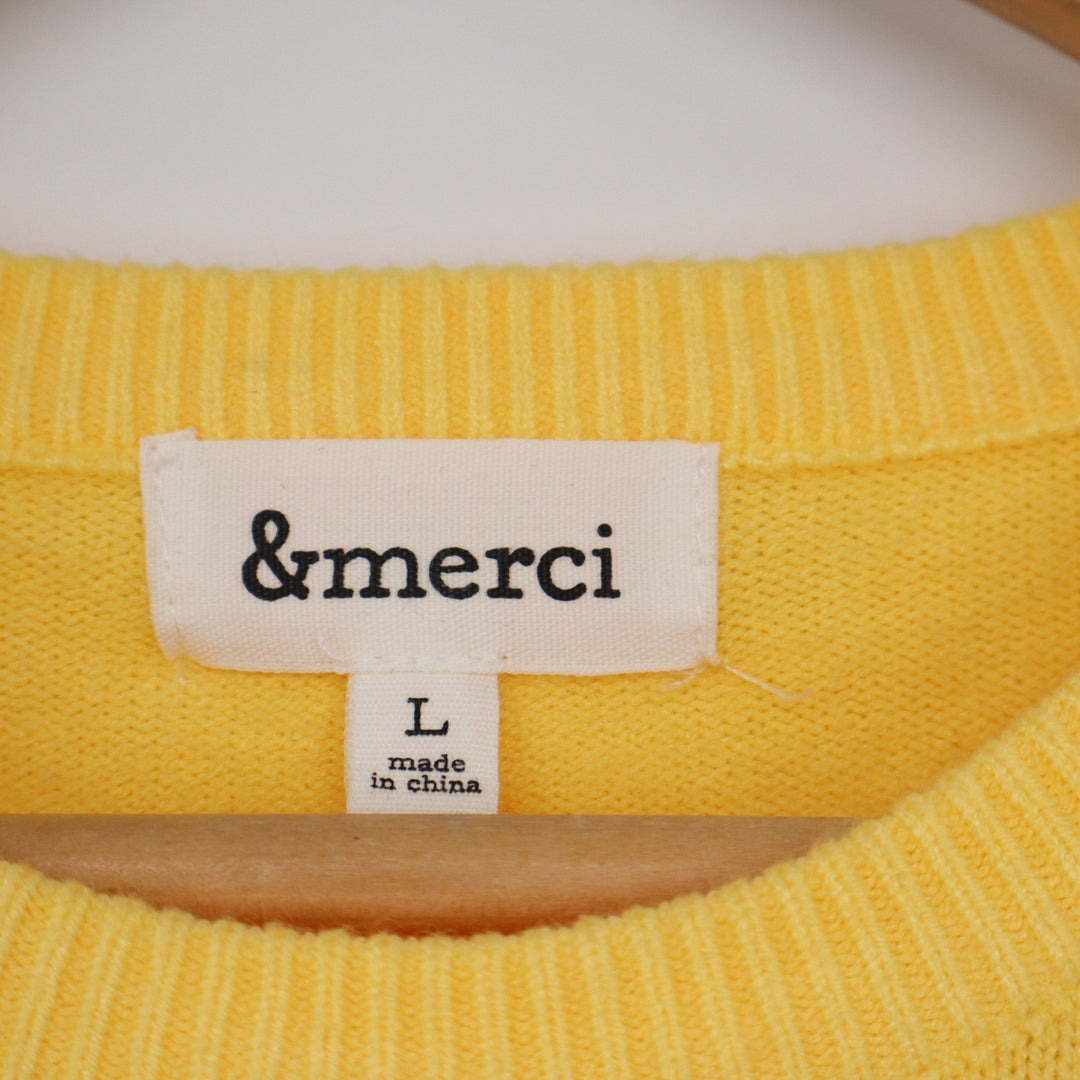 &merci Yellow Puff Shoulder Long Sleeve Crew Neck Knit Sweater Large KLJ0574