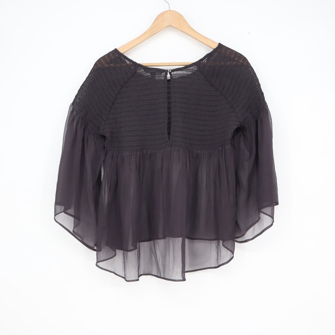 American Eagle Smocked Babydoll Blouse Sheer Bell Sleeve Charcoal Grey Size M