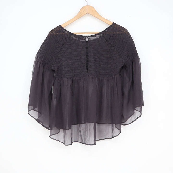 American Eagle Smocked Babydoll Blouse Sheer Bell Sleeve Charcoal Grey Size M