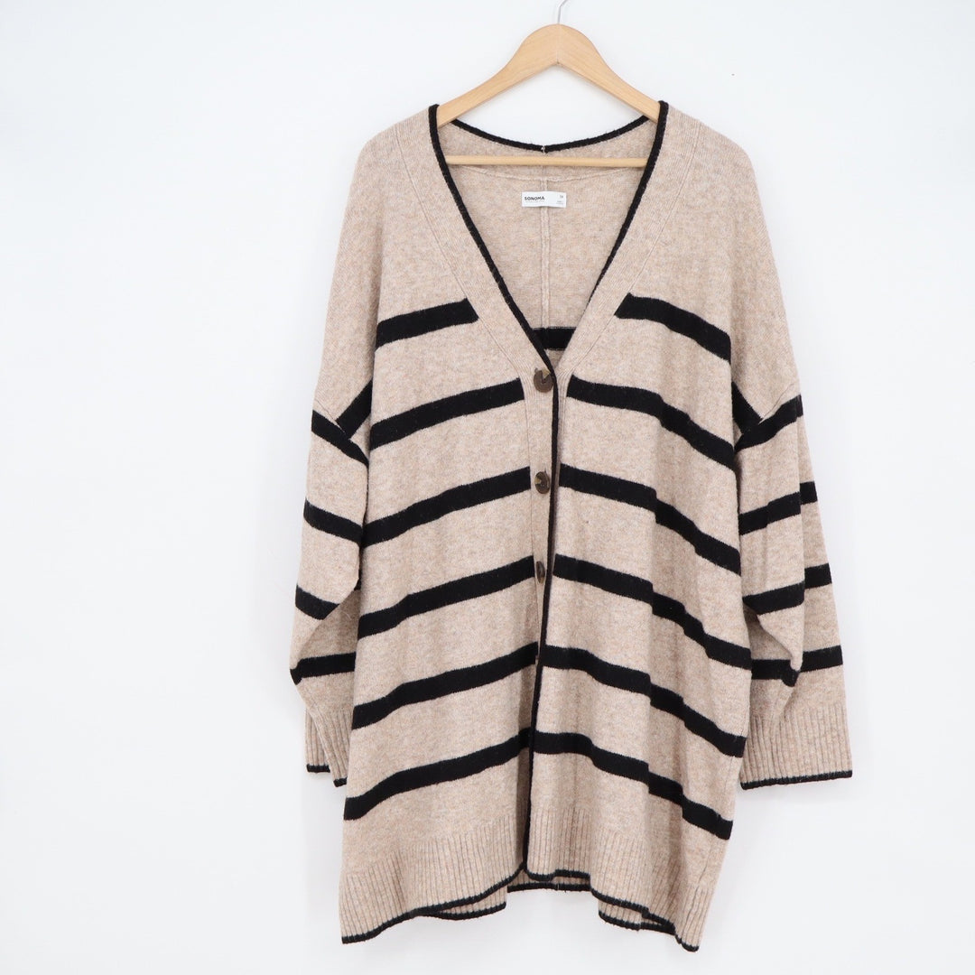 Sonoma Goods For Life Striped V-Neck Cardigan Sweater Beige Black Womens 2X