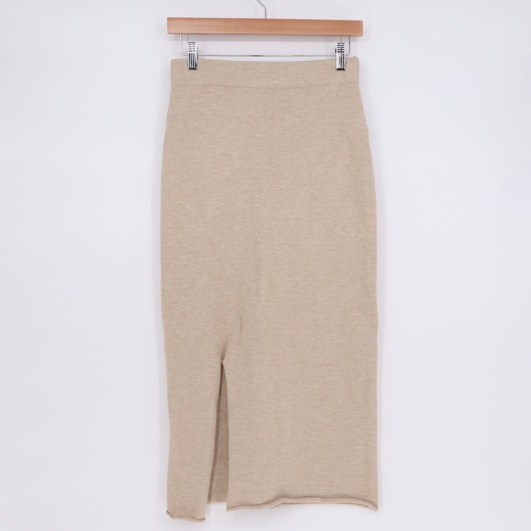 Mimosa Midi Pencil Skirt Womens Small Beige Knit Side Slit Pull On Elastic Waist