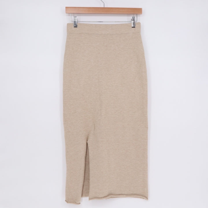 Mimosa Midi Pencil Skirt Womens Small Beige Knit Side Slit Pull On Elastic Waist