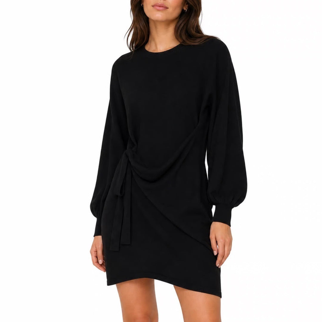 Merokeety Black Balloon Sleeve Wrap Front Knit Sweater Mini Dress Large KLK0607
