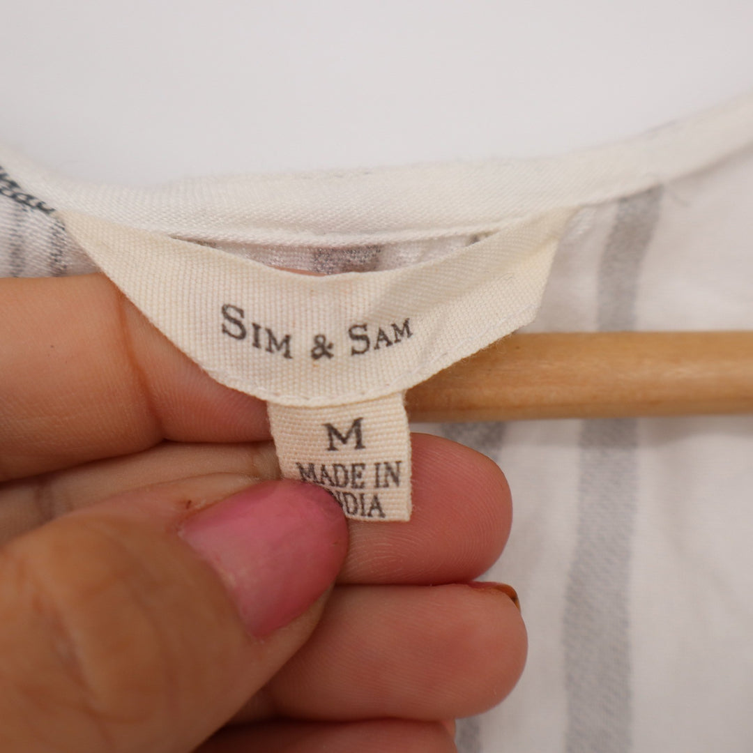 Sim & Sam Top Womens Medium Striped Grey White Tie Front Button Down Excellent