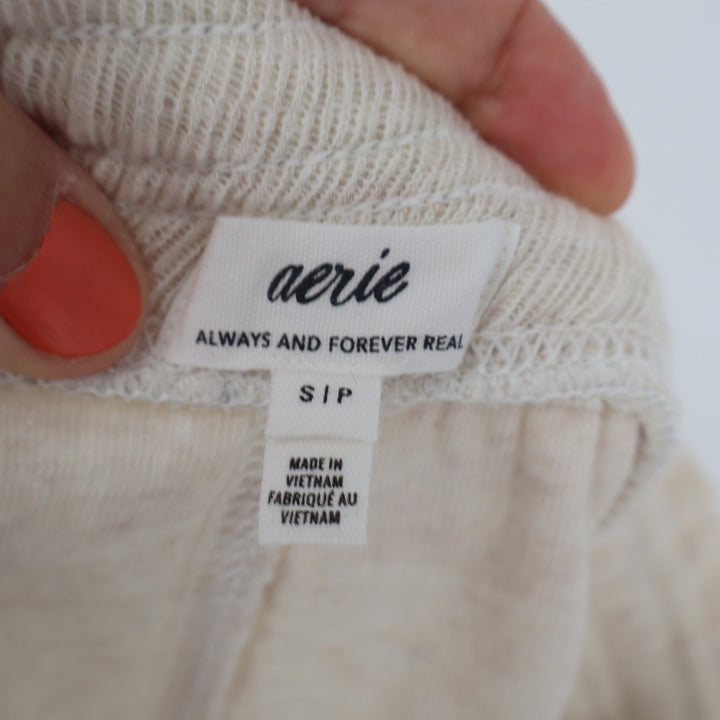 Aerie Cream Textured Knit Lounge Shorts High Rise Paperbag Waist Small SP