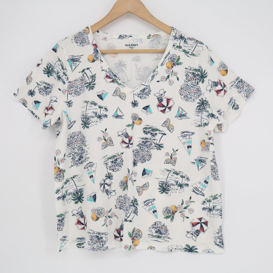 Old Navy Everywear Womens Large V-Neck T-Shirt White Coastal Vacation Print L