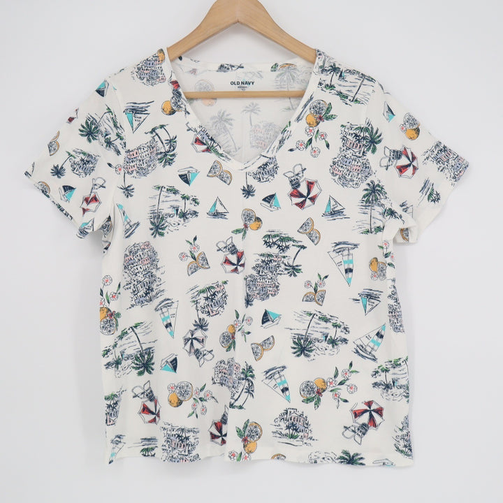 Old Navy Everywear Womens Large V-Neck T-Shirt White Coastal Vacation Print L