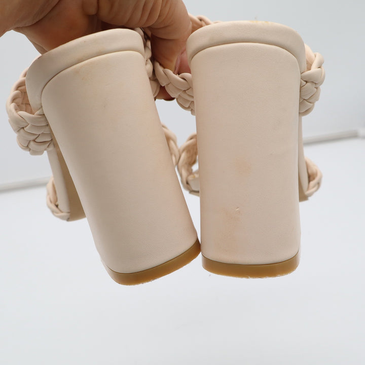 Cream Braided Double Strap Mule Heels Square Toe Block Heel Sandal Beige
