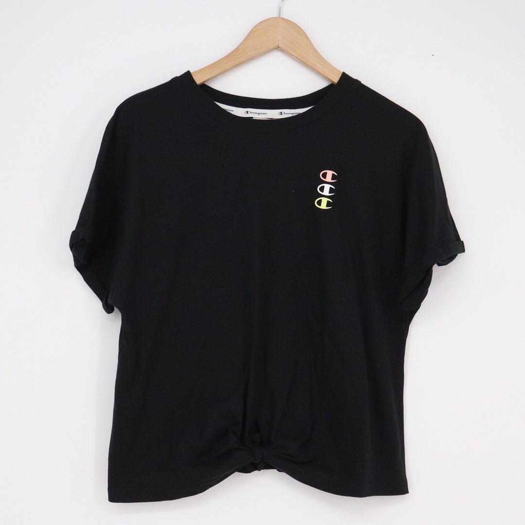 Champion Womens Front Knot T-Shirt Black Triple Logo Graphic Medium