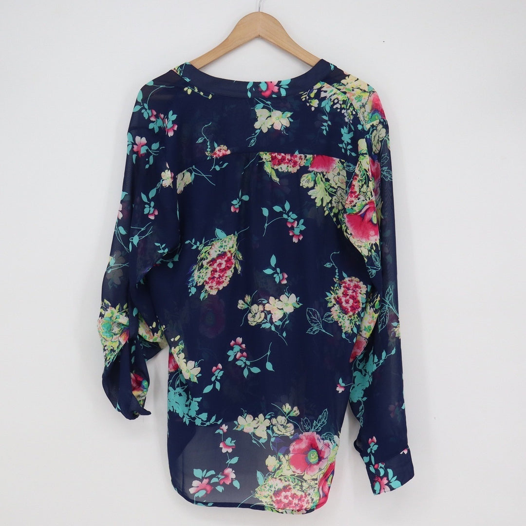 KUT from the Kloth Navy Floral Chiffon Blouse Long Sleeve High Low Top Large