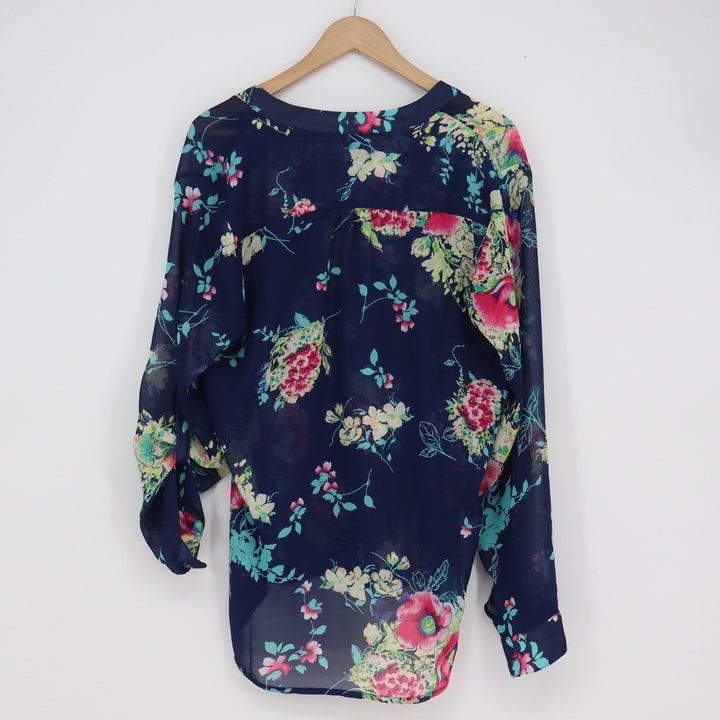 KUT from the Kloth Navy Floral Chiffon Blouse Long Sleeve High Low Top Large