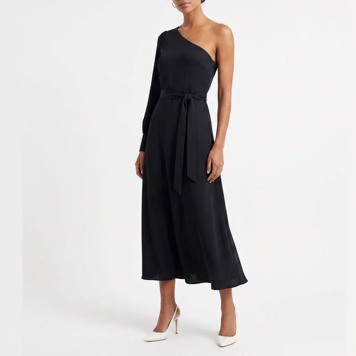 Kirundo Navy Blue One Shoulder Maxi Dress Single Long Sleeve Tie Waist Size M