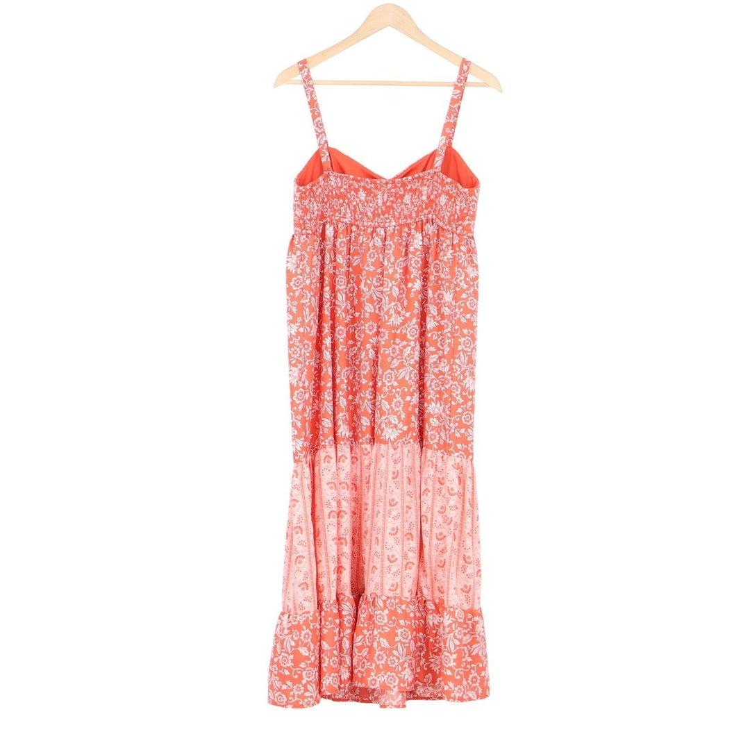 Land of the Free Coral Floral Tiered Midi Dress Smocked Back Size M