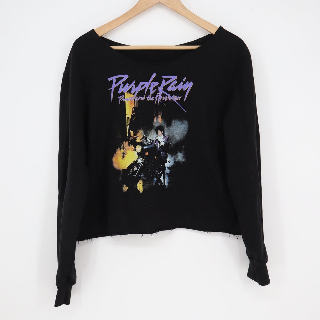 Prince Purple Rain Graphic Cropped Sweatshirt Black Raw Hem Music Movie
