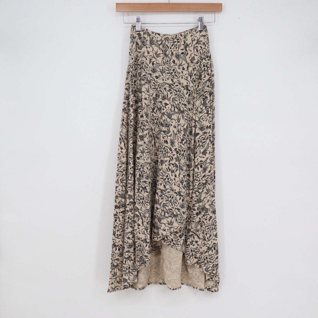 Joyne Floral High Low Maxi Skirt XS Tan Black Smocked Waist Rayon Boho