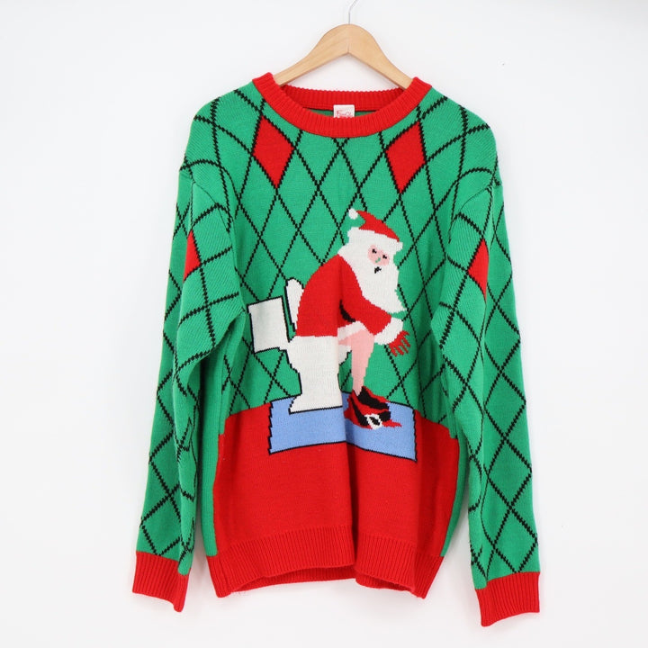 FunQi Gifts Sweater Mens XL Ugly Christmas Santa Toilet Green Argyle Excellent