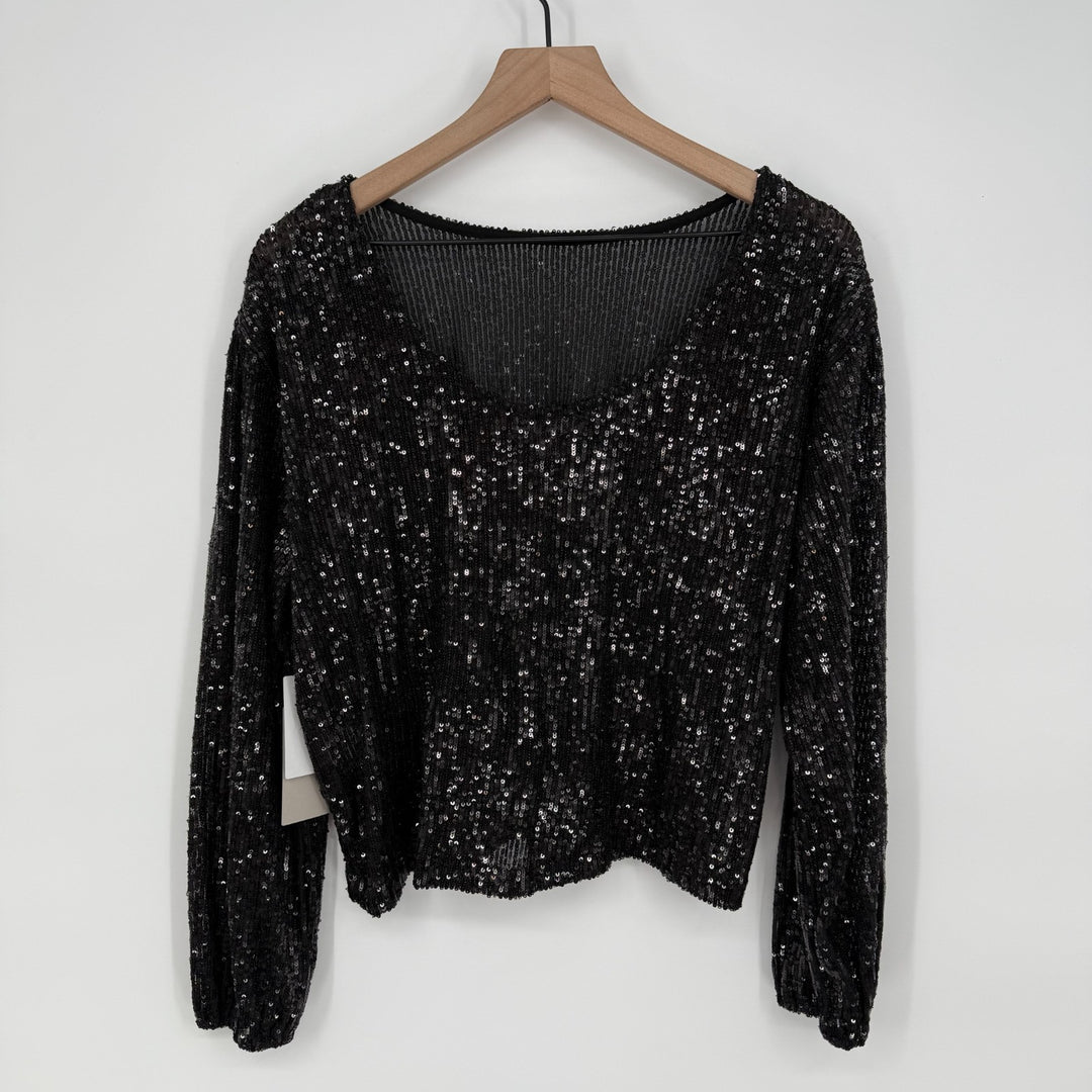 Nordstrom Chelsea28 Top Womens Small Black Sequin Jewel Neck Dipped Back Stretch