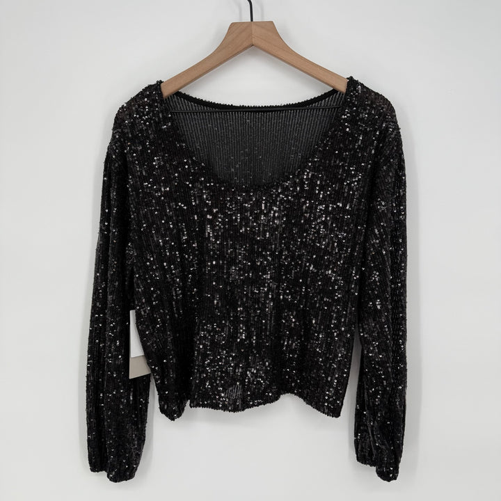 Nordstrom Chelsea28 Top Womens Small Black Sequin Jewel Neck Dipped Back Stretch