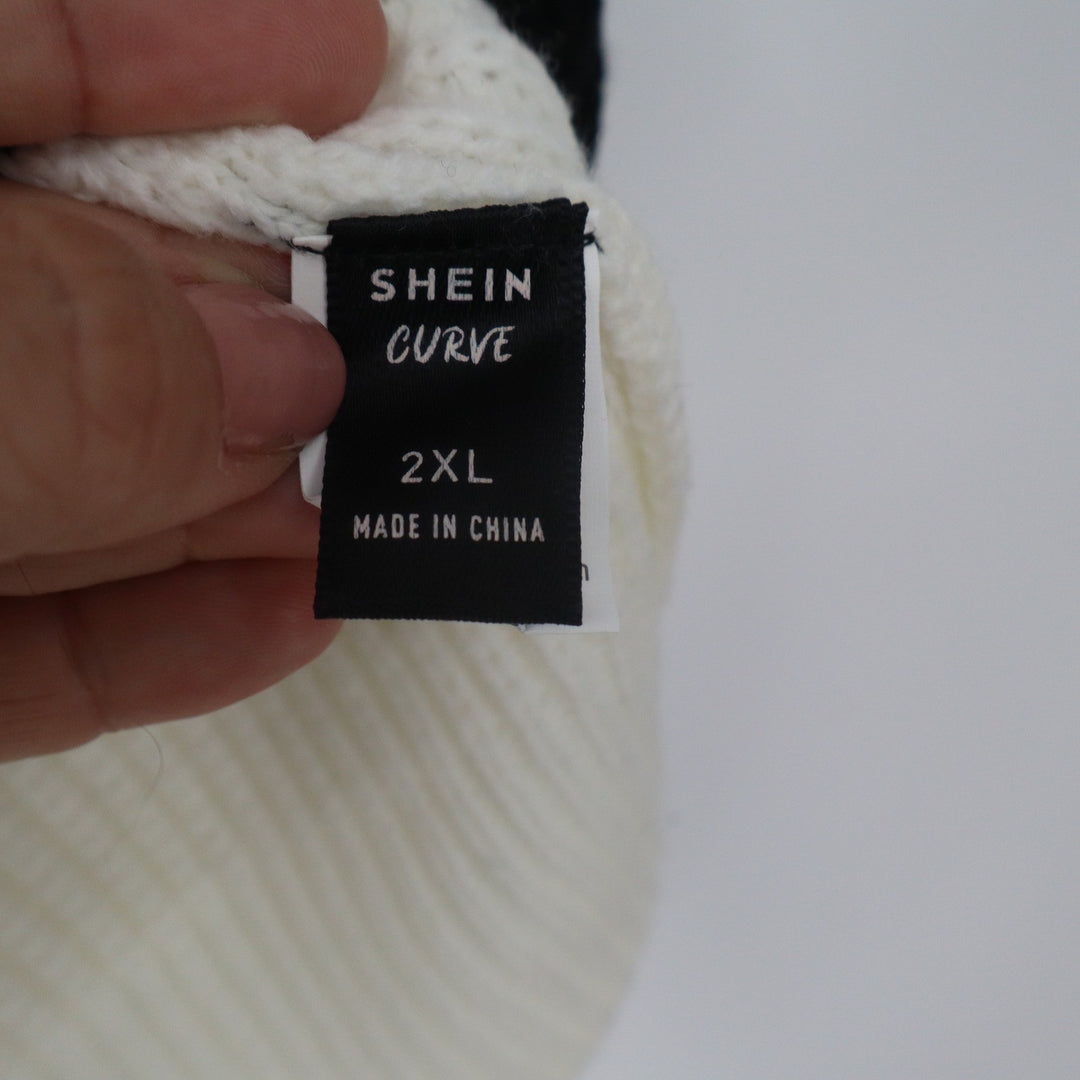 Shein Curve 2XL Leopard Print Colorblock V-Neck Sweater White Black Brown