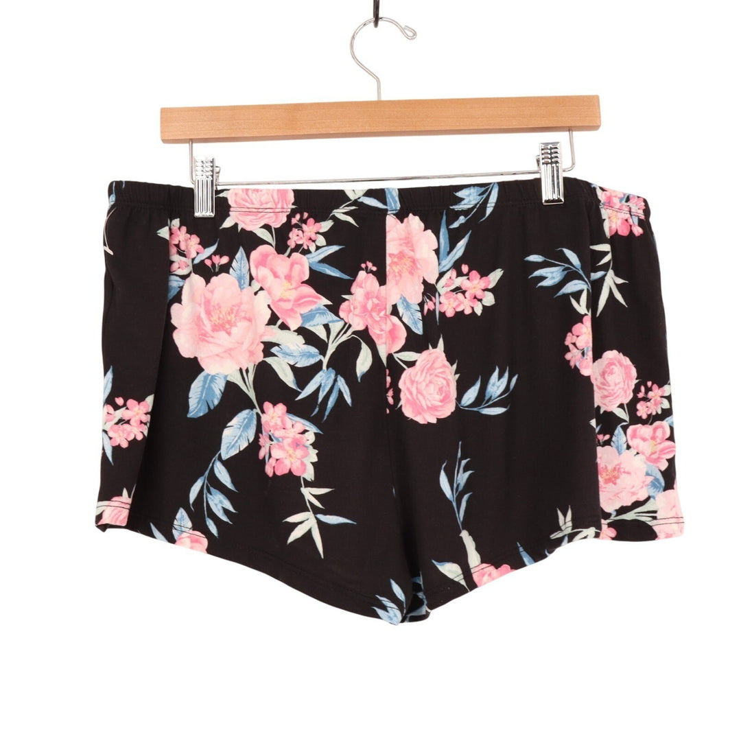 Womens Pajama Sleep Shorts XL Black Pink Floral Allover Print Stretch Pull On