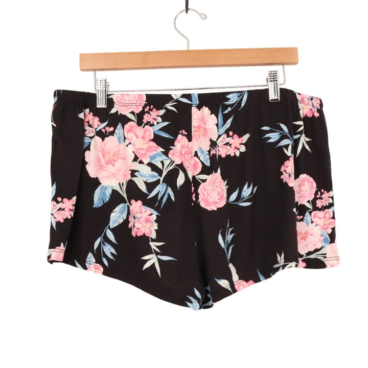 Womens Pajama Sleep Shorts XL Black Pink Floral Allover Print Stretch Pull On