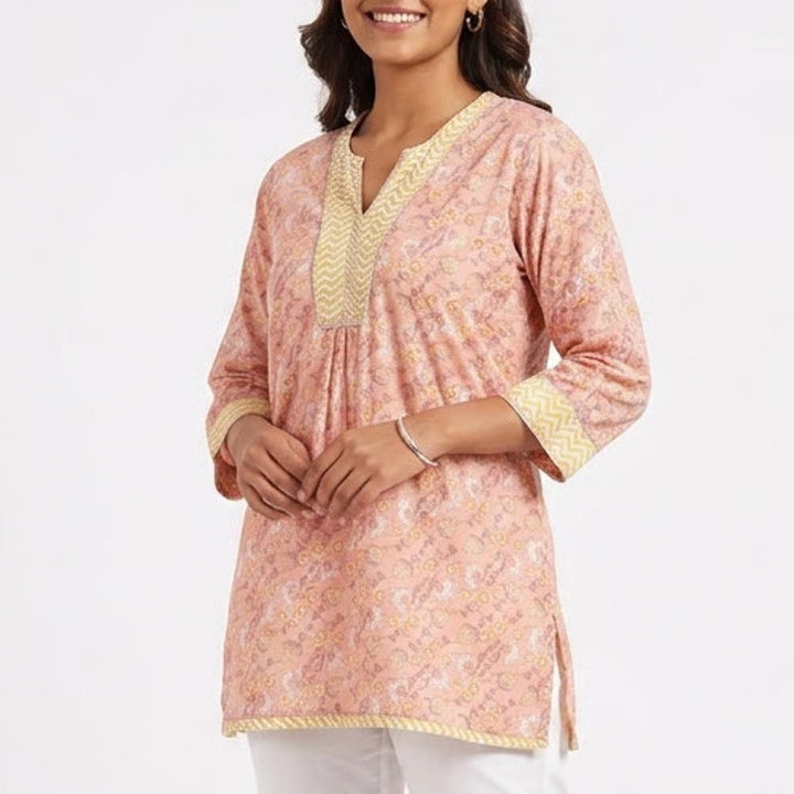 Suvasa Peach Floral Block Print Tunic Top 3/4 Sleeve V-Neck Boho Kurti Large