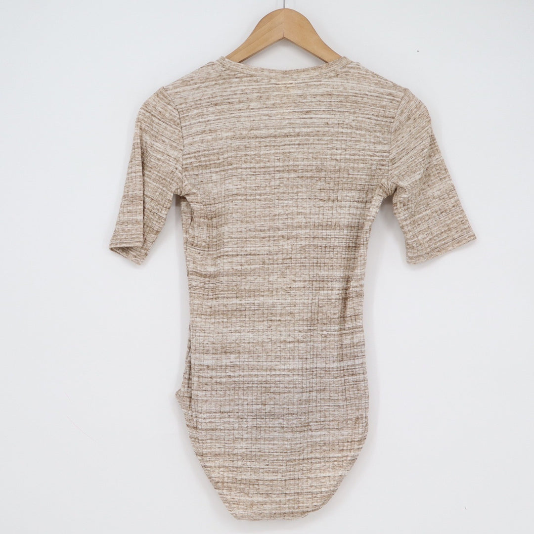 HM Basics Ribbed Knit Bodysuit Beige Tan Marled Short Sleeve Crew Neck Small