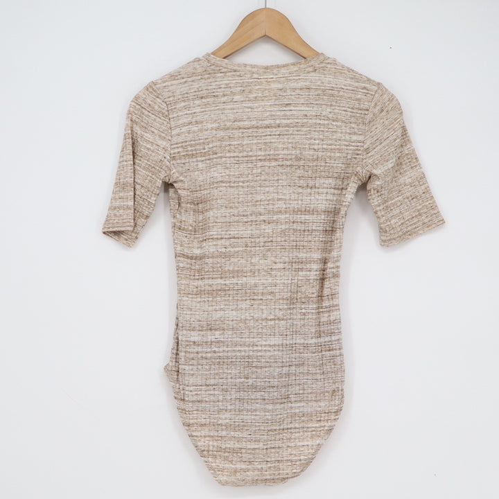 HM Basics Ribbed Knit Bodysuit Beige Tan Marled Short Sleeve Crew Neck Small